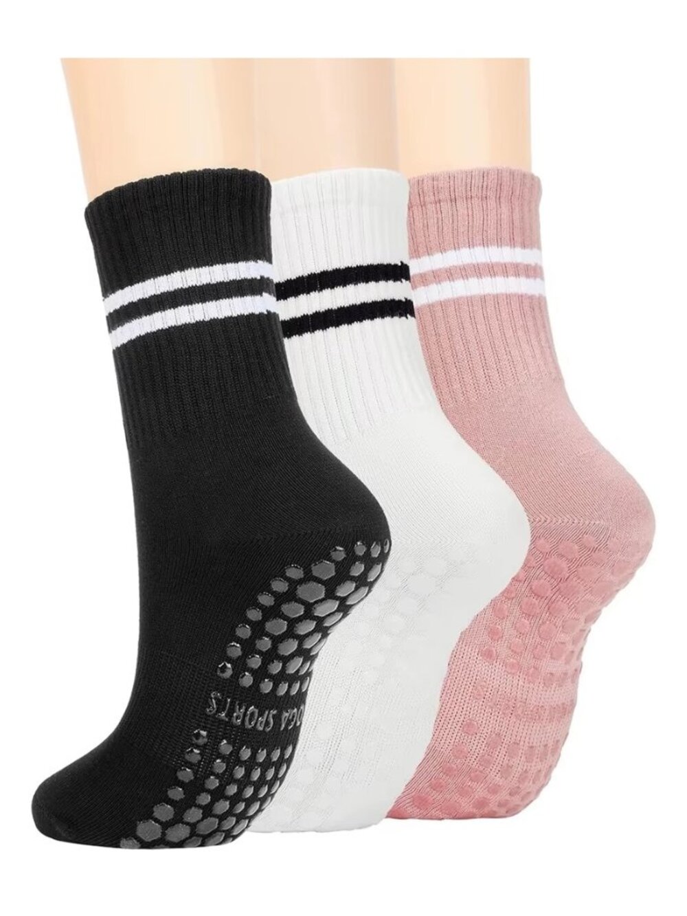 3-Pack Womens Barre Pilates Non Skid Slip Gripper Varsity Stripe Yoga Crew Socks